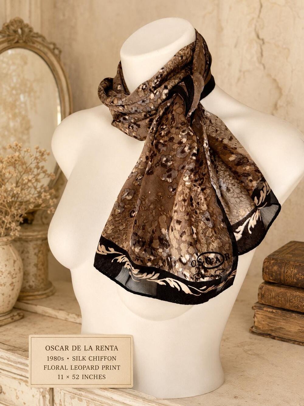 Vintage Oscar de la Renta 1980s Taupe Leopard Floral Silk Rayon Scarf 11x52